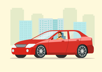 Fototapeta na wymiar Red sedan car with driver man side view. Vector flat style illustration