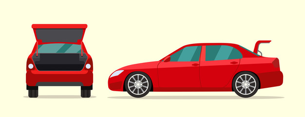 Сar sedan with open boot. Side and back view. Vector flat style illustration - obrazy, fototapety, plakaty