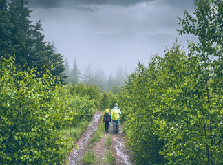 Two hikers on a path throught the forest in the mountains in rainy foggy day. Back view of two hikers man and teenager with backpacks walking on forest trail.