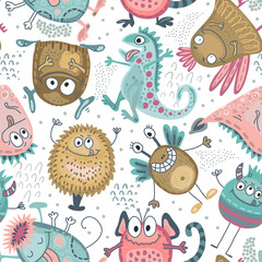 Colorful vector seamless pattern with funny monsters