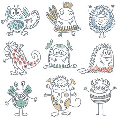 Vector collection of colorful funny monsters. Cute characters.
