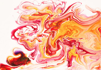 Colorful crimson and orange wavy texture. Abstract acrylic painting. Fluid art.