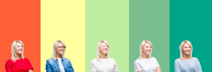 Obraz premium Collage of beautiful blonde woman over vivid vintage isolated background looking away to side with smile on face, natural expression. Laughing confident.