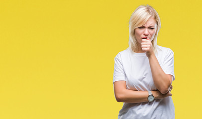 Young beautiful blonde woman wearing white t-shirt over isolated background feeling unwell and coughing as symptom for cold or bronchitis. Healthcare concept.