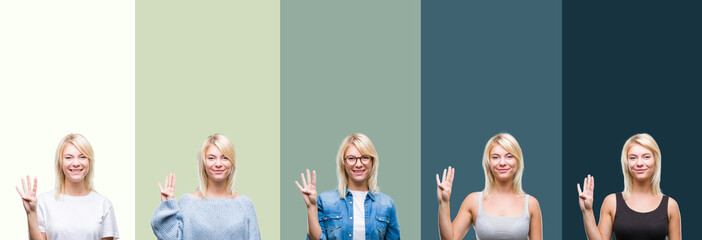 Collage of beautiful blonde woman over green vintage isolated background showing and pointing up with fingers number four while smiling confident and happy.