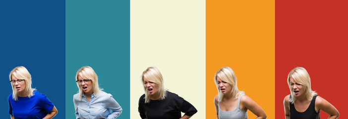 Obraz premium Collage of beautiful blonde woman over colorful vintage isolated background with hand on stomach because indigestion, painful illness feeling unwell. Ache concept.
