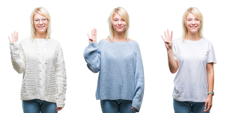 Collage of beautiful blonde woman wearing winter sweater over isolated background showing and pointing up with fingers number four while smiling confident and happy.