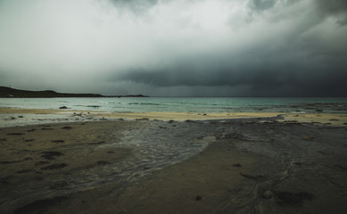 Beautiful beach Skagsanden in Flakstad, Lofoten islands in Norway in summer time.