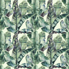 Seamless pattern with banana leaves and exotic birds on a gentle beige background. Tropical background in tinted green colors for fabrics, wallpapers, textiles. Illustration with colored pencils.