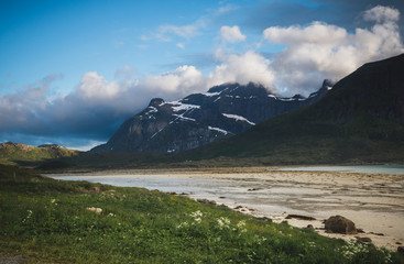 Amazing shores of Flakstadpollen sea bay on Lofoten, Norway.