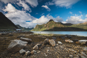 Amazing shores of Flakstadpollen sea bay on Lofoten, Norway.