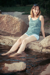 smile,attractive,beautiful,beauty,caucasian,creek,expectation,fashion,female,figure,forest,girl,green,hair,happy,lake,leaves,lifestyle,lightness,model,nature,outdoor,outdoors,park,people,person,picnic