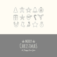 Christmas greeting card with hand drawn ornaments. Vector.