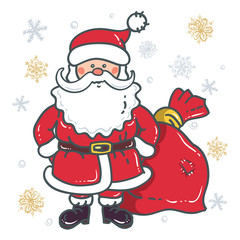 Santa Claus Cartoon Character with bag on the background of snowflakes on a white background. Design for Christmas and New Year. Vector Illustration