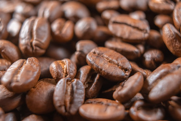 Coffee beans close up. Coffee production industry concept