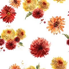 Watercolor seamless pattern with red and yellow gerberas and chrysanthemum - obrazy, fototapety, plakaty
