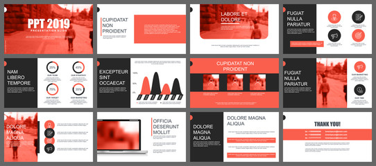 Coral and black business presentation slides templates from infographic elements. Can be used for presentation, flyer and leaflet, corporate brochure, marketing, advertising, annual report, banner.