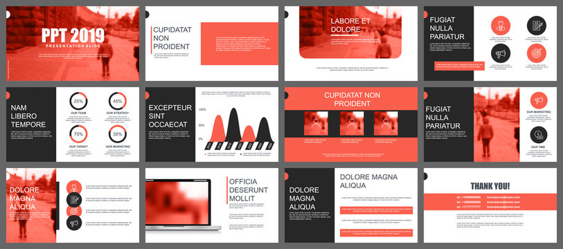 Coral and black business presentation slides templates from infographic elements. Can be used for presentation, flyer and leaflet, corporate brochure, marketing, advertising, annual report, banner.