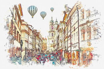 illustration of a busy street in Prague in the Czech Republic. Hot air balloons are flying in the sky.