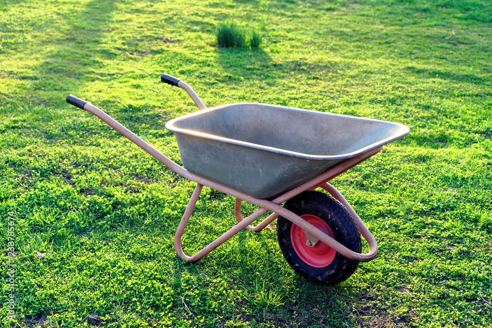 Wall mural Empty wheel barrow in garden, toned