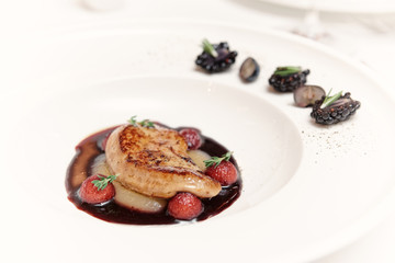 Foie gras with port sauce, close-up, toned