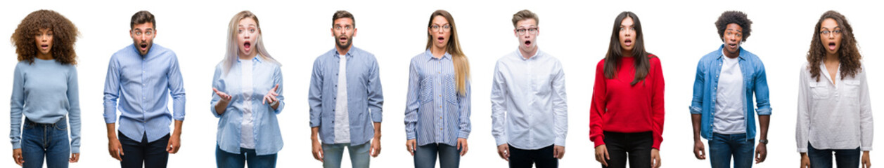 Fototapeta Composition of african american, hispanic and caucasian group of people over isolated white background afraid and shocked with surprise expression, fear and excited face. obraz
