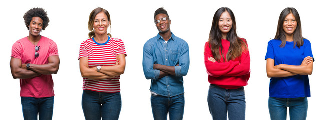 Composition of african american, hispanic and chinese group of people over isolated white background happy face smiling with crossed arms looking at the camera. Positive person.