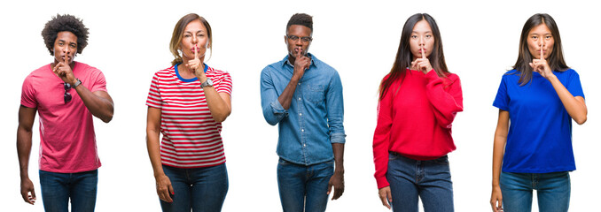 Composition of african american, hispanic and chinese group of people over isolated white background asking to be quiet with finger on lips. Silence and secret concept.