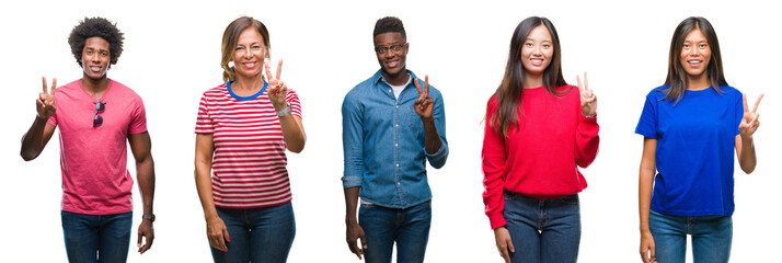Composition of african american, hispanic and chinese group of people over isolated white background showing and pointing up with fingers number two while smiling confident and happy.