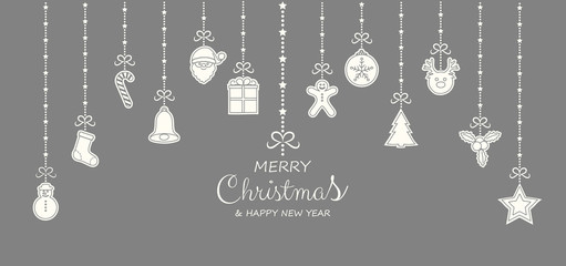 Concept of Christmas greeting card with hanging decorations. Vector. © Karolina Madej