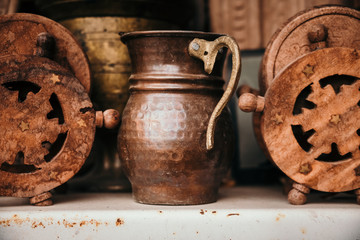 old Turkey traditional copper pots in Goreme market, Cappadocia