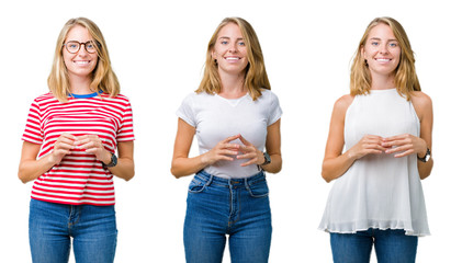 Obraz premium Collage of beautiful blonde woman over white isolated background Hands together and fingers crossed smiling relaxed and cheerful. Success and optimistic
