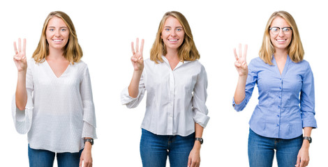 Collage of beautiful blonde business woman over white isolated background showing and pointing up with fingers number three while smiling confident and happy.