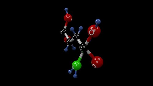 Glutamate molecule. Molecular structure of glutamic acid, non essential amino acid,key molecule in cellular metabolism. Alpha channel.