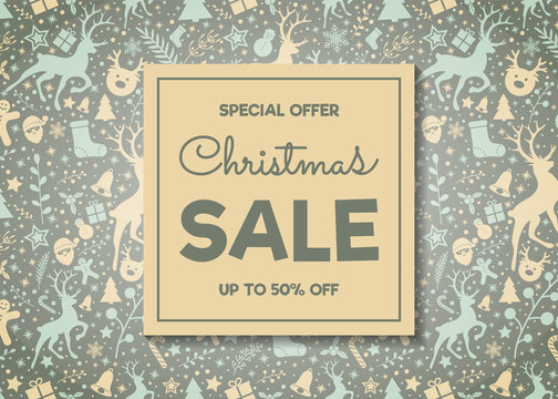 Christmas Sale poster with decorations. Vector.