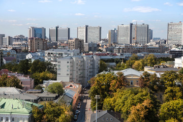 Moscow, Russia- August 17, 2018: panoramic view on famous Moscow book-houses in New Arbat street. Top view.