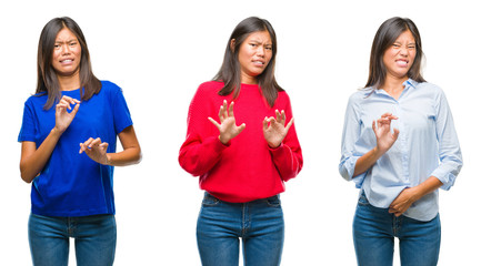 Collage of asian young woman standing over white isolated background disgusted expression, displeased and fearful doing disgust face because aversion reaction. With hands raised. Annoying concept.