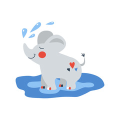 Vector hand drawn kid illustration of little elephant playing with water. For childrens bathrooms, books, posters. 