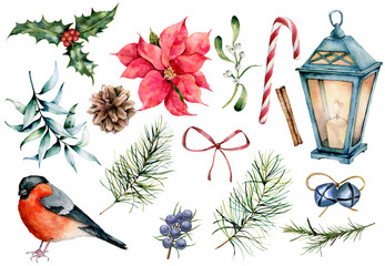 Watercolor Christmas symbols set. Hand painted winter plants, bullfinch bird, decor isolated on white background. Holiday floral and objects illustration for design, print, background
