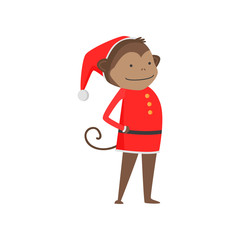 Cute kind monkey symbol of the new year. Monkey in Santa Claus clothes.