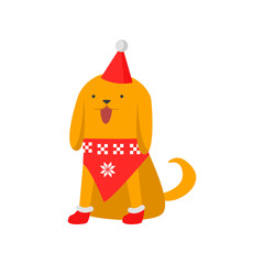 Cute good dog symbol of the new year. The dog in a trendy New Year s sweater, cap and boots.