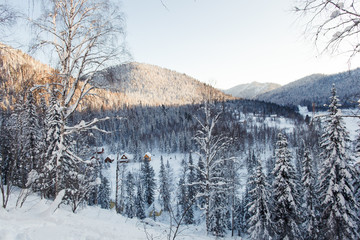 December winter trip to the Kuznetsk Alatau reserve on skis. Russia.