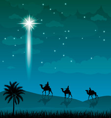 Camel riders, shining star in the night sky, desert