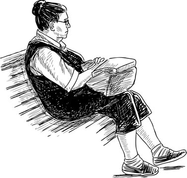 Sketch of an elderly woman resting on a park bench