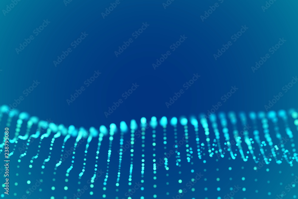 Poster digital landscape or sound waves visualization. big data concept. wave of glowing turquoise particle