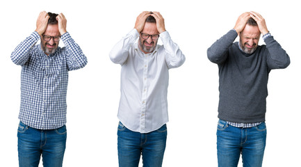 Collage of handsome senior business man over white isolated background suffering from headache desperate and stressed because pain and migraine. Hands on head.