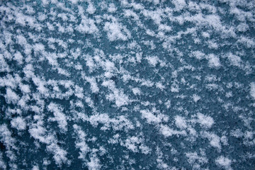 the texture of the snow,the frozen glass of the car
