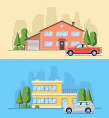 Living house with trees and bushes. Cottage with car  in the flat style. Real estate concept. Neighborhood with cityscape background. Vector illustration.