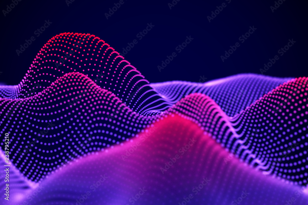 Aufkleber abstract landscape of neon digital particles or sound waves. big data technology background. visuali