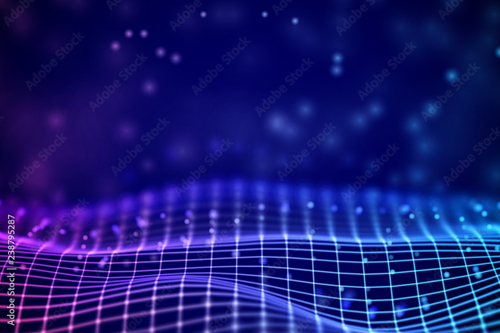 Poster virtual reality concept: 3d blue-pink digital wireframe grid with floating particles. digital landsc